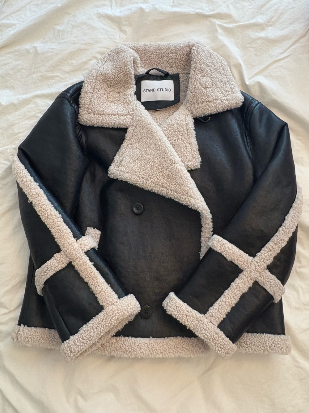 Stand Studio Lilli Jacket Black Faux Leather Coat with Cream Shearling Trim